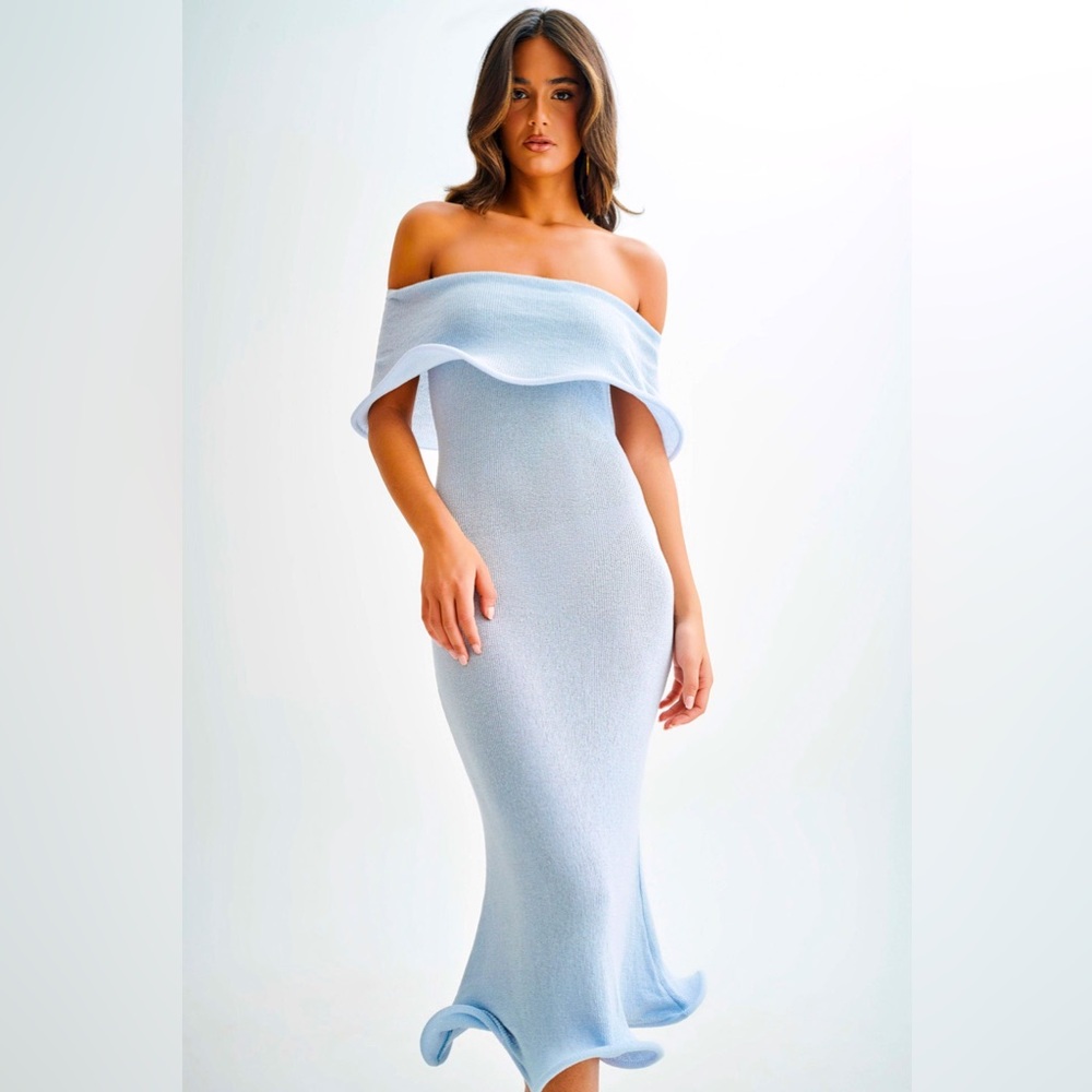 MESHKI Molly Off Shoulder Knit Midi Dress - Sky Blue